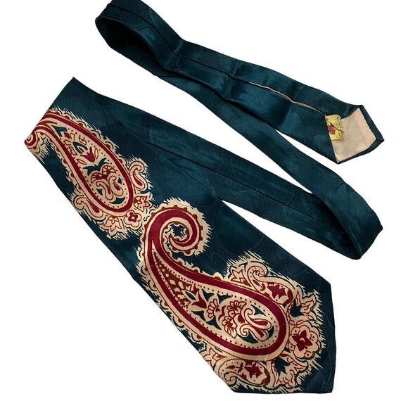 Vtg 1940s Men's Tie Cravat Paisley Green Maroon Beige Swing Rockabilly Artcraft - Picture 1 of 5
